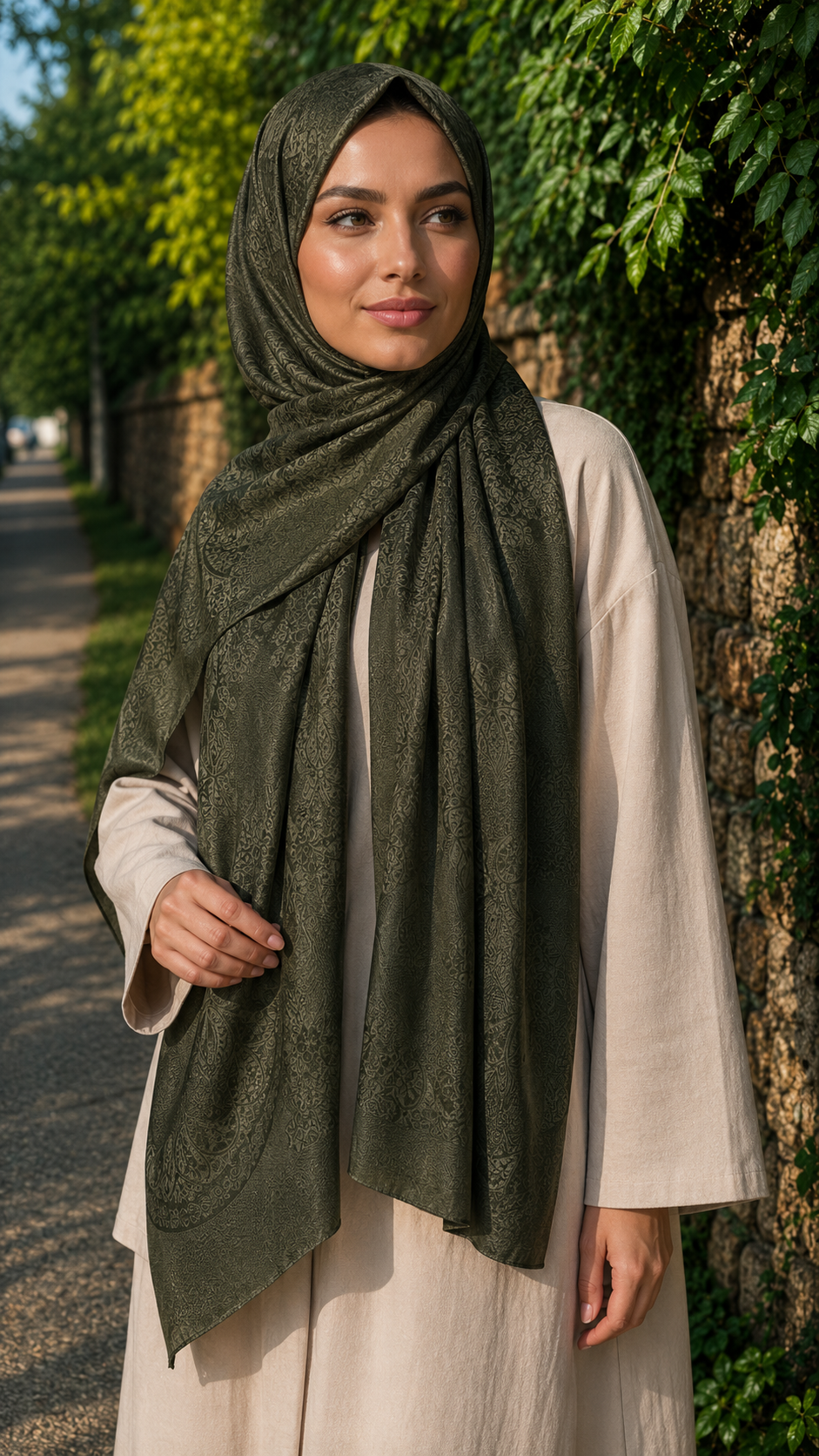 Haki Yeşili Jakar Şal Etnik Desen